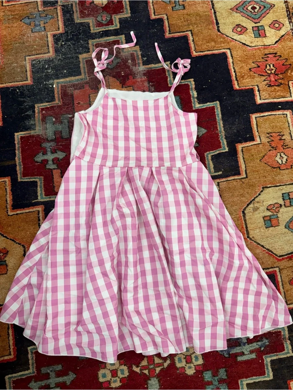 Girls Pink Barbie Gingham Tie-Shoulder Sundress